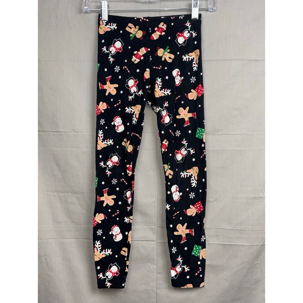 Girls Holiday Time Black Leggings with Holiday Animals, Size M (7/8)
